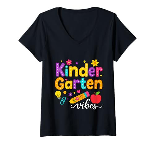 Damen Preppy Kindergarten Vibes Zurück in die Schule Lehrer Mädchen Jungen T-Shirt mit V-Ausschnitt von First Day Of Back to School Kindergarten tees
