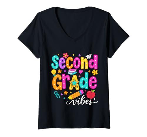 Damen Preppy Second Grade Vibes Back to School, 2. Klasse, Mädchen, Jungen T-Shirt mit V-Ausschnitt von First Day Of Back to School Second Grade Vibes tee