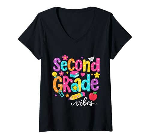 Damen Preppy Second Grade Vibes Back to School, 2. Klasse, Mädchen, Jungen T-Shirt mit V-Ausschnitt Damen Preppy Second Grade Vibes Back to School, 2. Klasse, Mädchen, Jungen T-Shirt mit V-Ausschnitt von First Day Of Back to School Second Grade Vibes tee