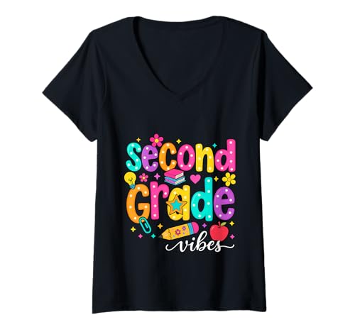 Damen Preppy Second Grade Vibes Back to School, 2. Klasse, Mädchen, Jungen T-Shirt mit V-Ausschnitt von First Day Of Back to School Second Grade Vibes tee