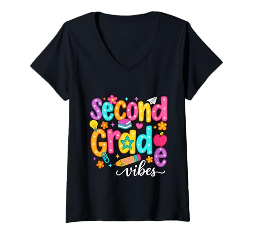 Damen Preppy Second Grade Vibes Back to School, 2. Klasse, Mädchen, Jungen T-Shirt mit V-Ausschnitt Damen Preppy Second Grade Vibes Back to School, 2. Klasse, Mädchen, Jungen T-Shirt mit V-Ausschnitt von First Day Of Back to School Second Grade Vibes tee