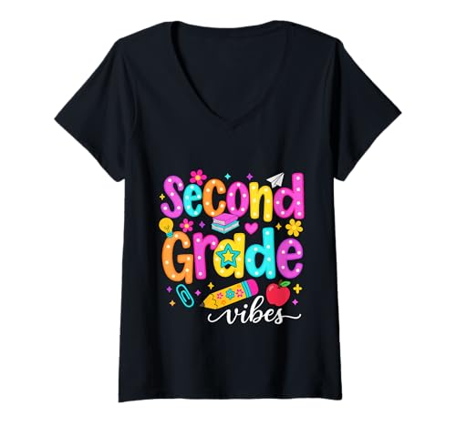Damen Preppy Second Grade Vibes Back to School, 2. Klasse, Mädchen, Jungen T-Shirt mit V-Ausschnitt von First Day Of Back to School Second Grade Vibes tee