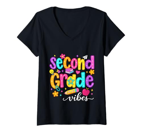 Damen Preppy Second Grade Vibes Back to School, 2. Klasse, Mädchen, Jungen T-Shirt mit V-Ausschnitt von First Day Of Back to School Second Grade Vibes tee