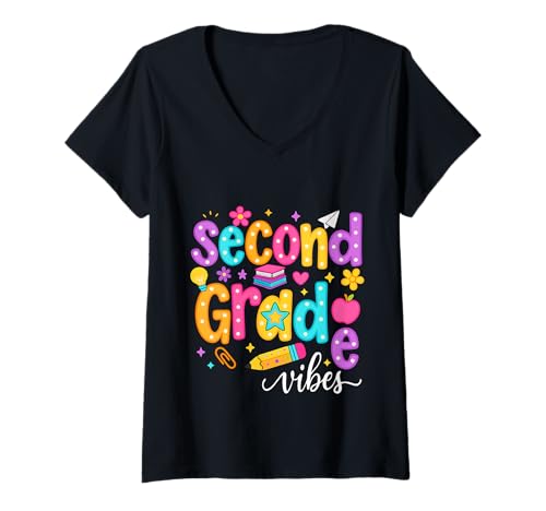 Damen Preppy Second Grade Vibes Back to School, 2. Klasse, Mädchen, Jungen T-Shirt mit V-Ausschnitt von First Day Of Back to School Second Grade Vibes tee