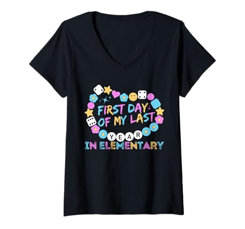 Damen Erster Tag meines letzten Jahres in der Grundschule Zurück zur Schule T-Shirt mit V-Ausschnitt Damen Erster Tag meines letzten Jahres in der Grundschule Zurück zur Schule T-Shirt mit V-Ausschnitt von First Day Of My Last Year In Elementary Gifts