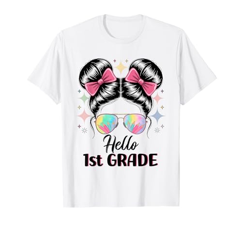 Schulanfang Kokette Bogen Lehrer Hello First Grade Girls T-Shirt von First Day Of School 1st Grade Teacher Girls
