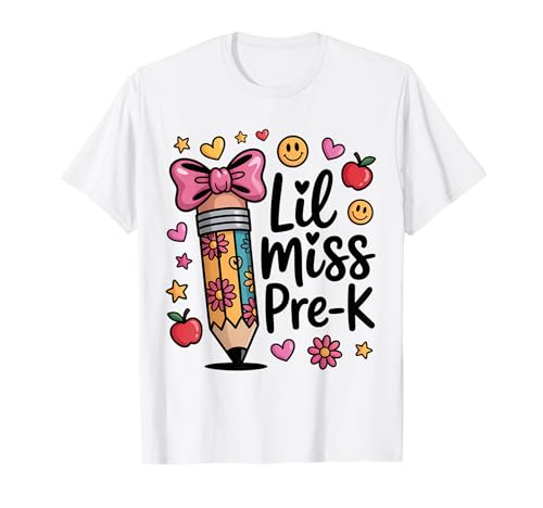 Little Miss Pre-K Kinder Mädchen Bleistiftschleife Schulanfang T-Shirt Little Miss Pre-K Kinder Mädchen Bleistiftschleife Schulanfang T-Shirt von First Day Of School Apparel