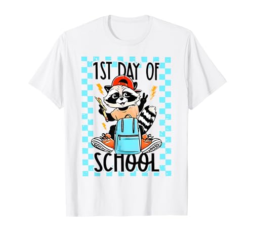 Einschulung lustiger Waschbär Retro Schulanfang Jungen T-Shirt von First Day Of School Funny Raccoon Tee