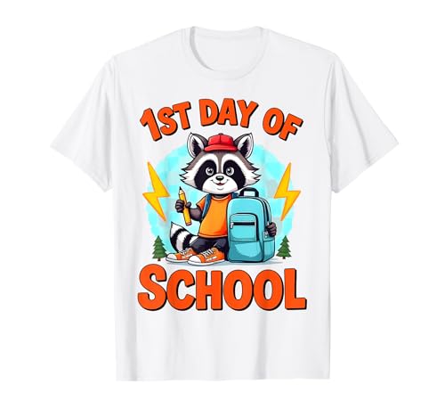 Einschulung lustiger Waschbär Schulanfang Jungen Mädchen T-Shirt von First Day Of School Funny Raccoon Tee