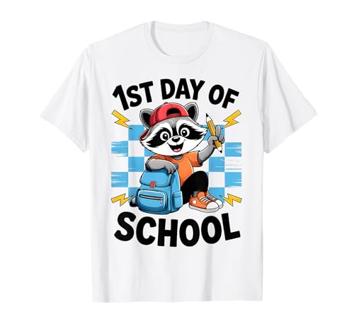 Einschulung lustiger Waschbär Schulanfang Jungen Mädchen T-Shirt von First Day Of School Funny Raccoon Tee