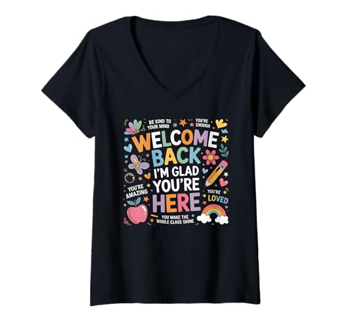Damen Back to School Teacher Welcome Back I'm Glad You're Here T-Shirt mit V-Ausschnitt Damen Back to School Teacher Welcome Back I'm Glad You're Here T-Shirt mit V-Ausschnitt von First Day Of School Teacher Welcome Back To School