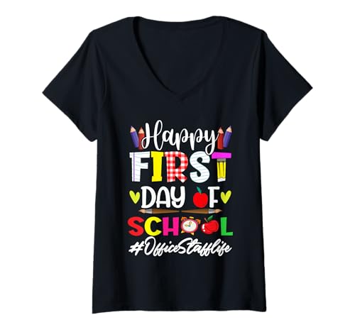 Damen Schulanfang T-Shirts für Büroangestellte Damen Herren T-Shirt mit V-Ausschnitt von First Day Of School Tees Office Staff Womens Mens