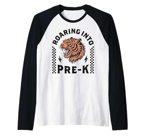 Roaring Into Pre K Tiger, 1. Schulanfang, Junge, Mädchen, Kind Raglan von First Day Rolling Into PreK Funny Dinosaur Tiger