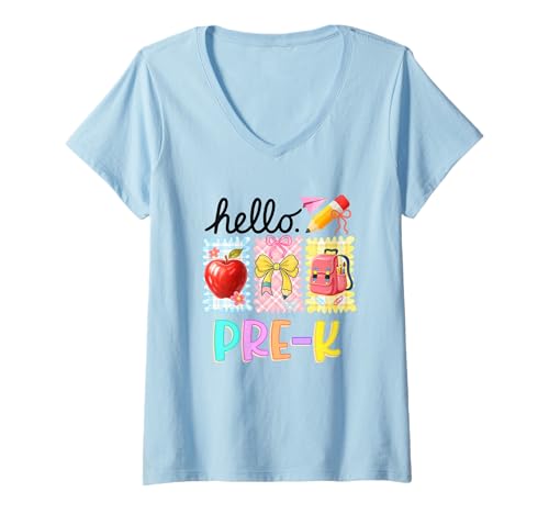 Damen First Day Pre-K Apple Bow Rucksack Pencil T-Shirt mit V-Ausschnitt Damen First Day Pre-K Apple Bow Rucksack Pencil T-Shirt mit V-Ausschnitt von First Day School Apple Backpack Pencil