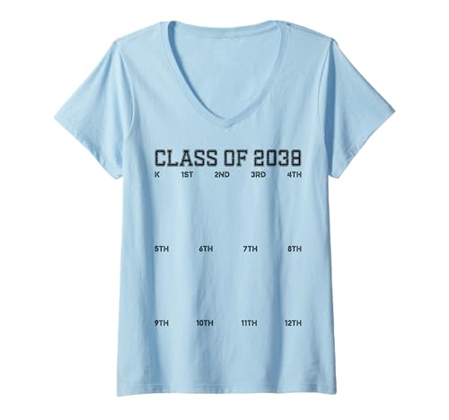Damen Class of 2038 Grow with Me Shirt 2038, handbedruckt, für Kinder von K bis 12 T-Shirt mit V-Ausschnitt Damen Class of 2038 Grow with Me Shirt 2038, handbedruckt, für Kinder von K bis 12 T-Shirt mit V-Ausschnitt von First Day of Kindergarten 2038 Handprint Girl Boy