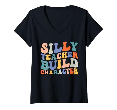 Damen Dummer Charakter zum Schulanfang, zum Schulanfang, lustig T-Shirt mit V-Ausschnitt Damen Dummer Charakter zum Schulanfang, zum Schulanfang, lustig T-Shirt mit V-Ausschnitt von First Day of School Funny Silly Teacher
