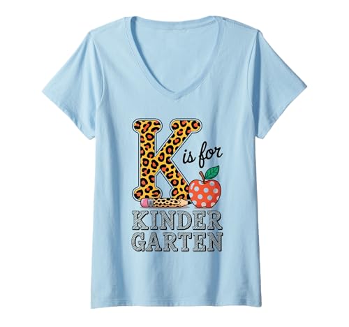 Damen K Is For Kindergarten Leopard Bleistift Einschulung T-Shirt mit V-Ausschnitt Damen K Is For Kindergarten Leopard Bleistift Einschulung T-Shirt mit V-Ausschnitt von First Day of School Vibes
