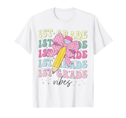 First Grade Vibes Girl Coquette Bow Erste Klasse geht Wieder zur Schule T-Shirt First Grade Vibes Girl Coquette Bow Erste Klasse geht Wieder zur Schule T-Shirt von First Grade 1st Day Of School Tees Girls Teacher