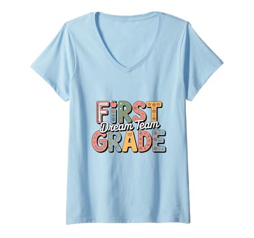 Damen Dreamteam der ersten Klasse Zurück zur Schule, Lehrer der ersten Klasse T-Shirt mit V-Ausschnitt Damen Dreamteam der ersten Klasse Zurück zur Schule, Lehrer der ersten Klasse T-Shirt mit V-Ausschnitt von First Grade Dream Team Tee