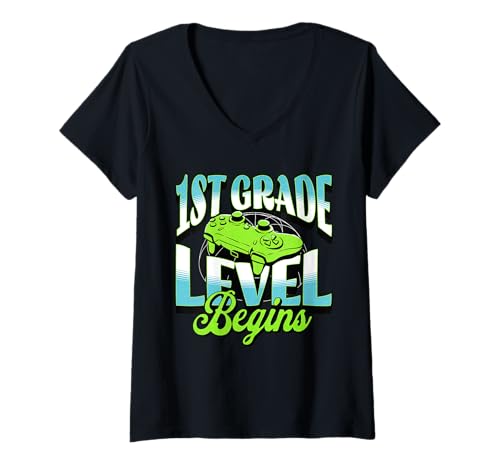Damen Das Gamer-Level der ersten Klasse beginnt mit dem Design von Videospiel-Controllern T-Shirt mit V-Ausschnitt Damen Das Gamer-Level der ersten Klasse beginnt mit dem Design von Videospiel-Controllern T-Shirt mit V-Ausschnitt von First Grade Gamer Level Designs