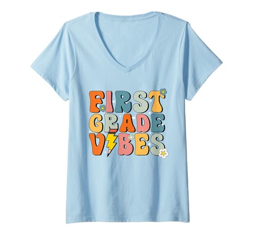 Damen First Grade Vibes Shirt Back to School Groovy Retro 1 T-Shirt mit V-Ausschnitt von First Grade Vibes Tee Shirts for Kids Students