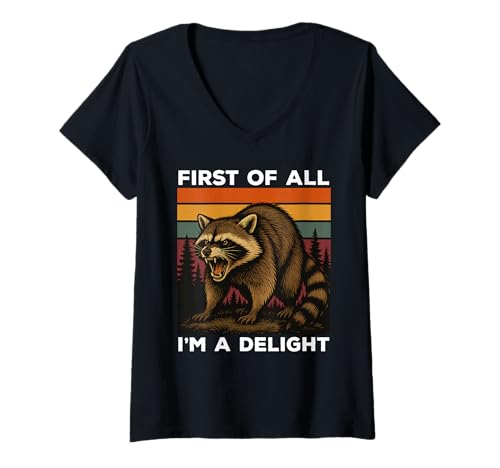 Damen First of All I'm A Delight Funny Sarcastic Raccoon Retro T-Shirt mit V-Ausschnitt Damen First of All I'm A Delight Funny Sarcastic Raccoon Retro T-Shirt mit V-Ausschnitt von First Of All I'm A Delight Raccoon Jokes Apparel