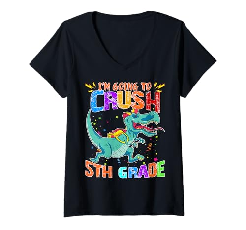 Damen Happy Back to School Pass auf, ich werde die fünfte Klasse zerquetschen T-Shirt mit V-Ausschnitt Damen Happy Back to School Pass auf, ich werde die fünfte Klasse zerquetschen T-Shirt mit V-Ausschnitt von First School Days Are The Best Dinosaurus Students