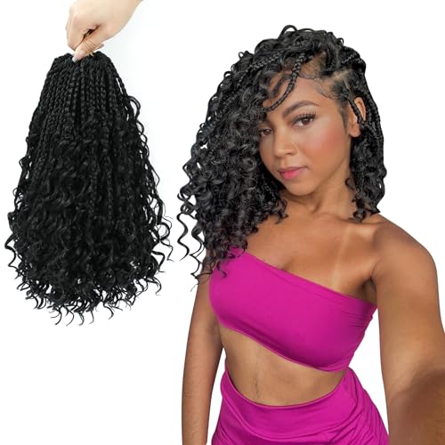 8 Packs Bob Crochet Braids Hair with Curly Ends 10 Inch Crochet Box Braids Pre-Looped Crochet Braiding Hair for Women Goddess Boho Box Braid Hair Extensions (1B) von Firstcyh Hair