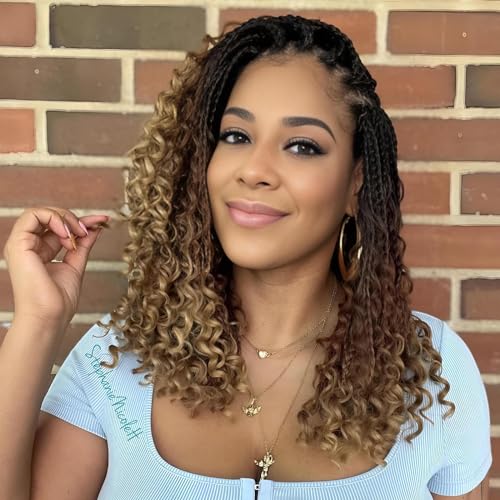 8 Packs Bob Crochet Braids Hair with Curly Ends 14 Inch Crochet Box Braids Pre-Looped Crochet Braiding Hair for Women Goddess Boho Box Braid Hair Extensions (1B/30/27) von Firstcyh Hair