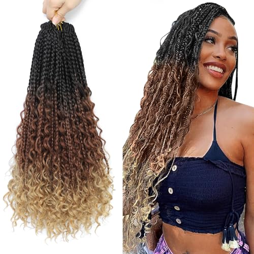 8 Packs Bob Crochet Braids Hair with Curly Ends 18 Inch Crochet Box Braids Pre-Looped Crochet Braiding Hair for Women Goddess Boho Box Braid Hair Extensions (1B/30/27) von Firstcyh Hair
