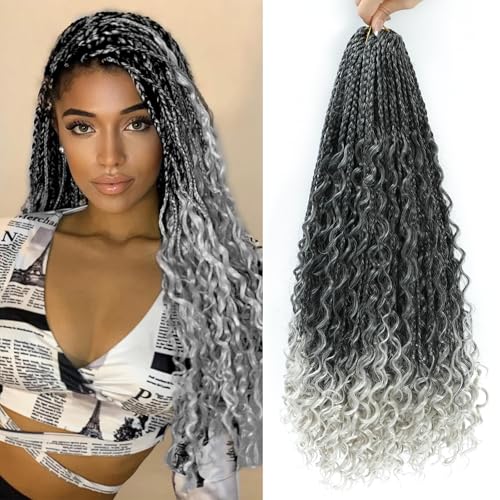 8 Packungen Crochet Box Braids-60.96 Zentimeter (24 Zoll) Boho Crochet Braids with Curly Ends 1B/Silver Crochet Hair for Black Women Goddess Box Braids Boho Braids Vorgefertigte Häkelhaare Pre Looped von Firstcyh Hair