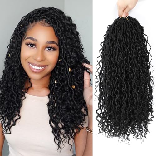 Goddess Locs Häkeln Haar 25.4cm Boho Faux Locs Häkeln Haar mit lockigen Spitzen 8 Packungen Pre Looped 1B River Locs für schwarze Frauen (25.4 cm(Lot de 8), 1B) von Firstcyh Hair