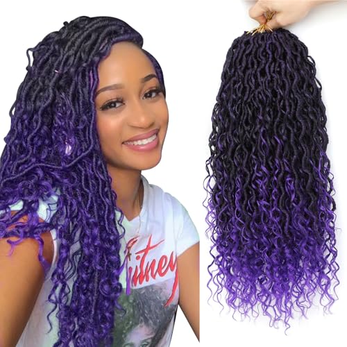 Goddess Locs Häkeln Haar 46cm Boho Faux Locs Häkeln Haar mit lockigen Spitzen 8 Packungen Pre Looped 1B/Purple River Locs für schwarze Frauen (46 cm(Lot de 8), 1B/Purple) von Firstcyh Hair