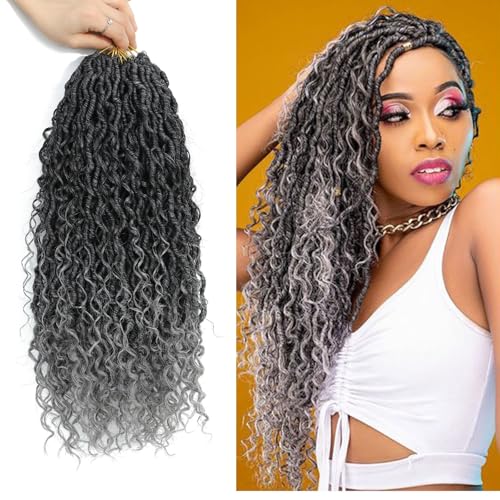 Goddess Locs Häkeln Haar 46cm Boho Faux Locs Häkeln Haar mit lockigen Spitzen 8 Packungen Pre Looped 1B/Silver River Locs für schwarze Frauen (46 cm(Lot de 8), 1B/Silver) von Firstcyh Hair