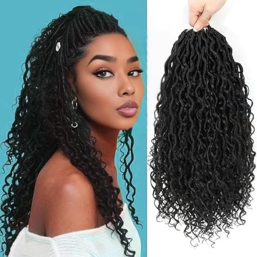 Goddess Locs Häkeln Haar 46cm Boho Faux Locs Häkeln Haar mit lockigen Spitzen 8 Packungen Pre Looped 1B River Locs für schwarze Frauen (46 cm(Lot de 8), 1B) von Firstcyh Hair