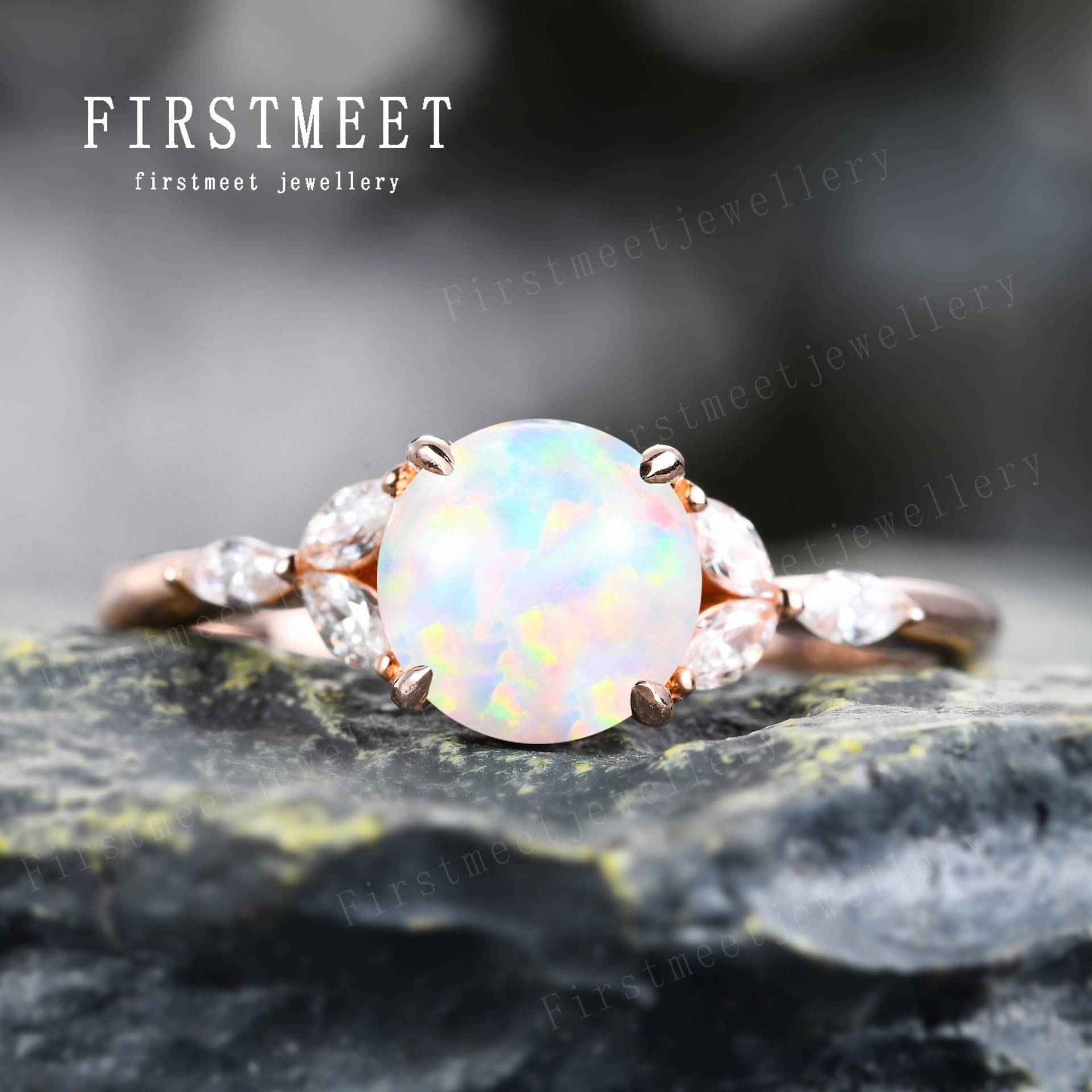 18K Gold Weiß Opal Verlobungsring Feueroopal Ring Marquise Ehering Diamant Australien Roségold von Firstmeetjewellery