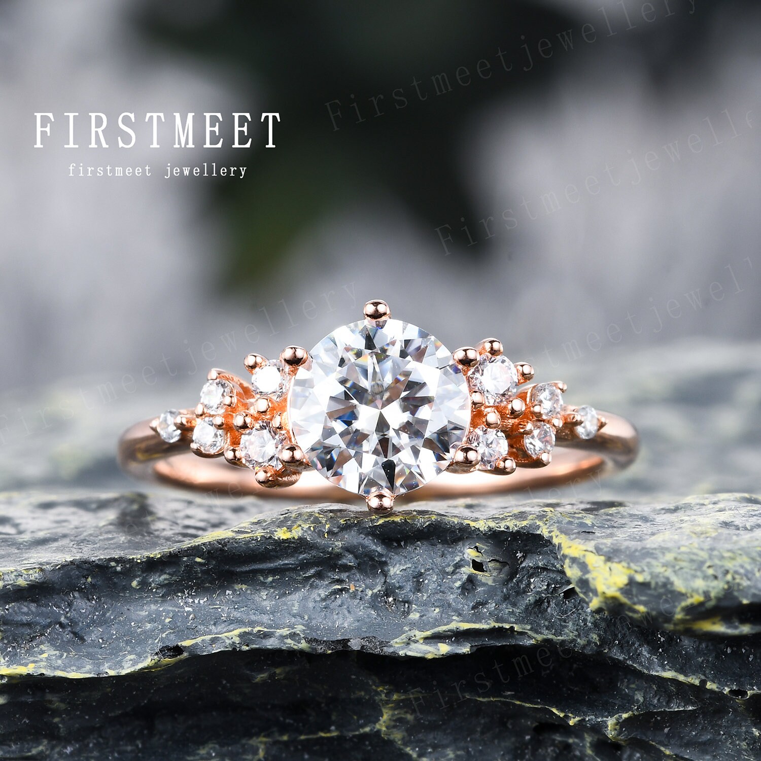 1Ct Moissanit Verlobungsring/14K Massiver Roségold Ring/Vintage Ring/Einzigartiger Diamant Cluster Ring/Jubiläumsring/Versprechensring von Firstmeetjewellery