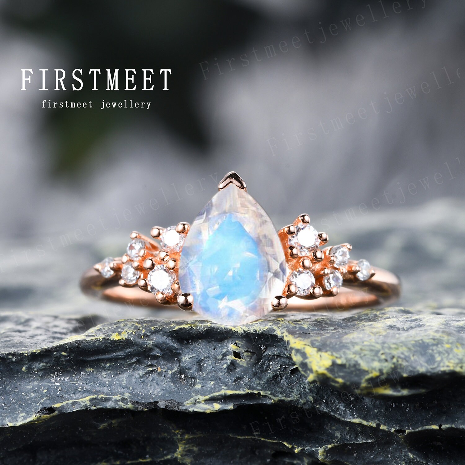 Art Deco Pear Cut Mondstein Verlobungsring Roségold Ehering in Massivem 14K von Firstmeetjewellery