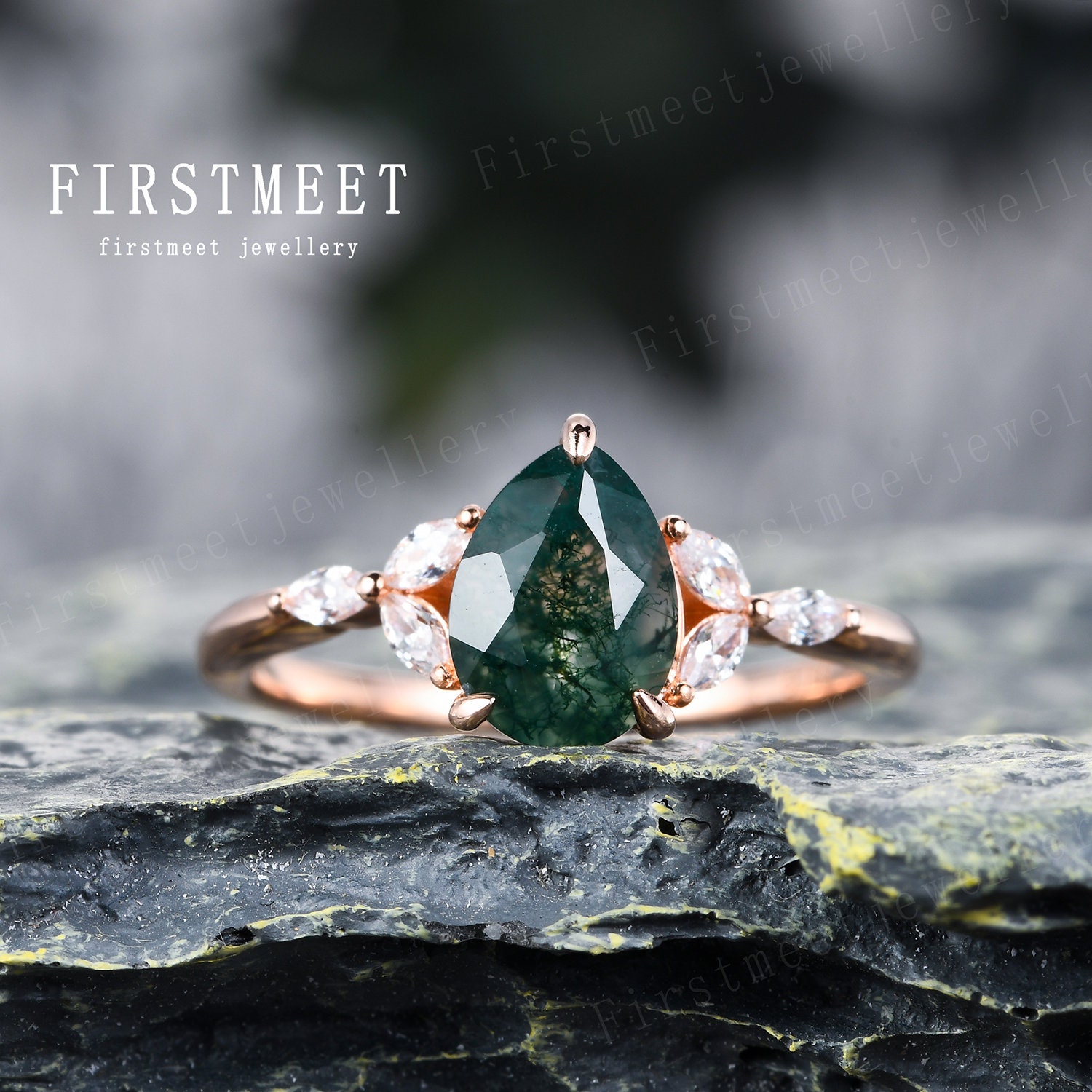 Birnenförmiger Moos Achat Verlobungsring Art Deco Marquise Diamant Ehering Unikat Versprechen Braut Jahrestag Ring von Firstmeetjewellery