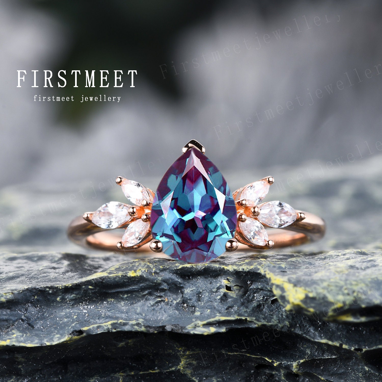 Birnenschliff Alexandrit Verlobungsring Roségold Marquise Diamant Ehering Vintage Antik Jahrestag Versprechen Brautring Sterling Silber von Firstmeetjewellery