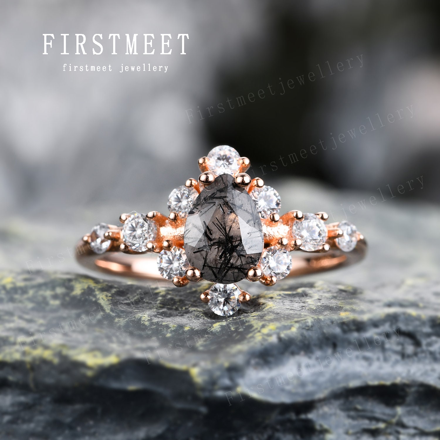 Birnenschliff Schwarzquarz Rutilring Diamant Heiligenschein Ehering Rosegold Verlobungsring Für Frauen Handgemachter Schmuck von Firstmeetjewellery