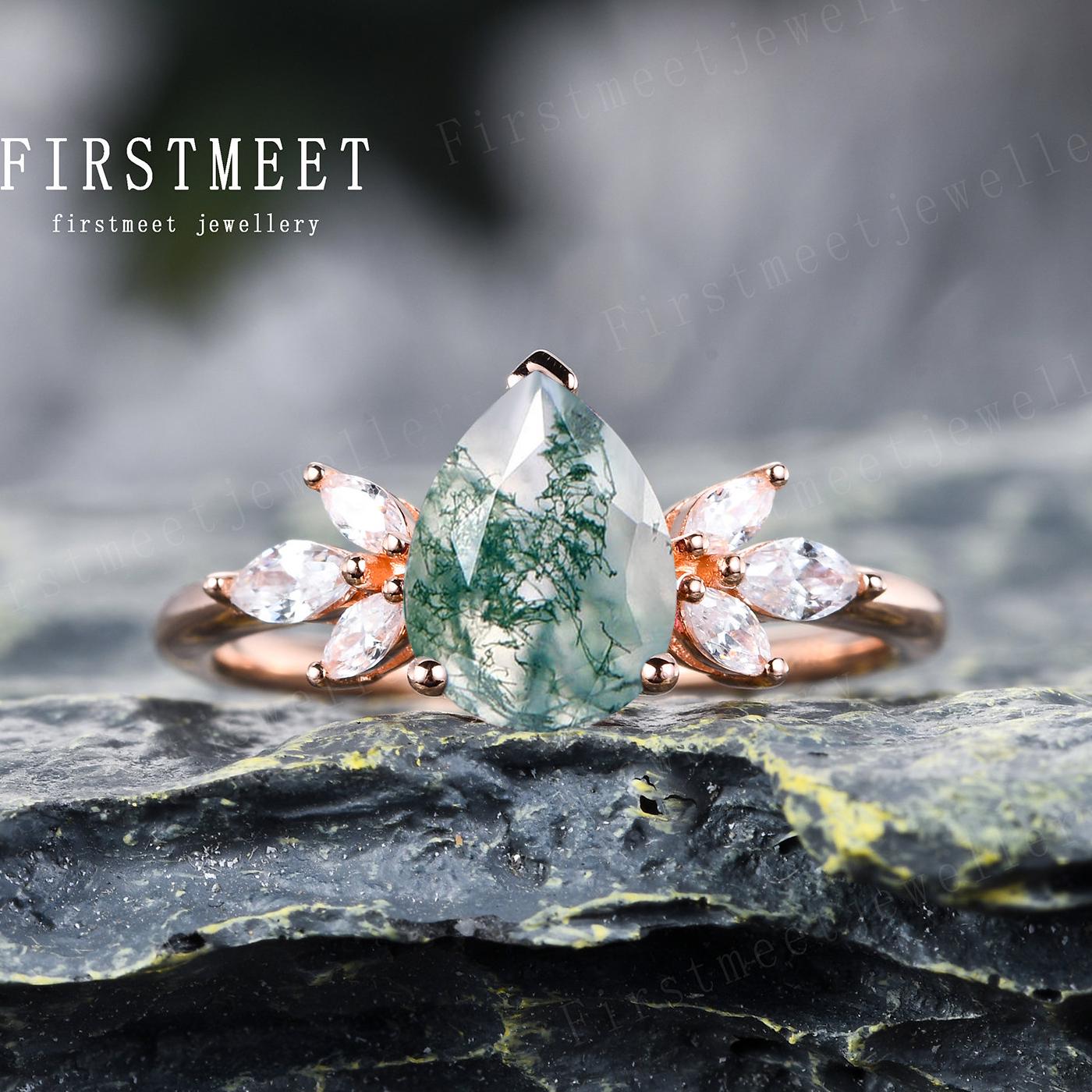 Einzigartiger Birnenförmiger Moos Achat Ring Vintage Verlobungsring 10K Roségold Marquise Diamant Art Deco Brautring von Firstmeetjewellery