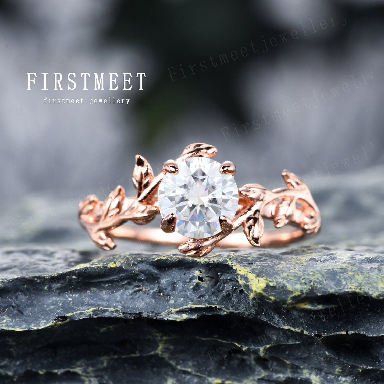 Einzigartiger Moissanit Brautring, Vintage Verlobungsring, Weißer Roségold Ast Ring, Jahrestagsring Geschenk von Firstmeetjewellery