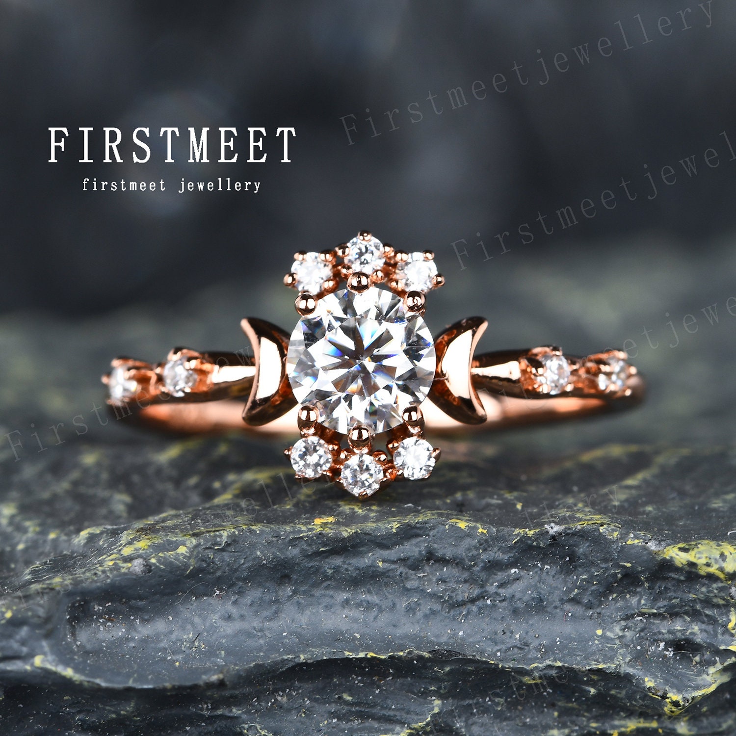 Einzigartiger Moissanit Verlobungsring in 18K Roségold Ring Art Deco Diamant Ehering Zierliche Versprechen Handarbeit Schmuck von Firstmeetjewellery