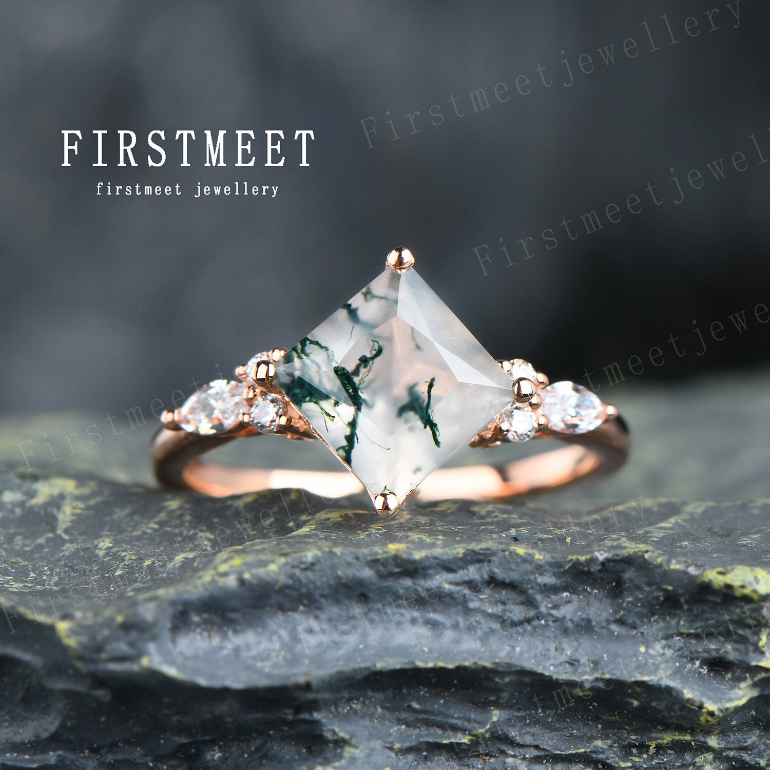 Einzigartiger Prinzessinnen Schliff Moas Achat Verlobungsring, Moos Ring, Antik Versprechen Rosegold Moose Schmuck, Jahrestag Geschenk von Firstmeetjewellery