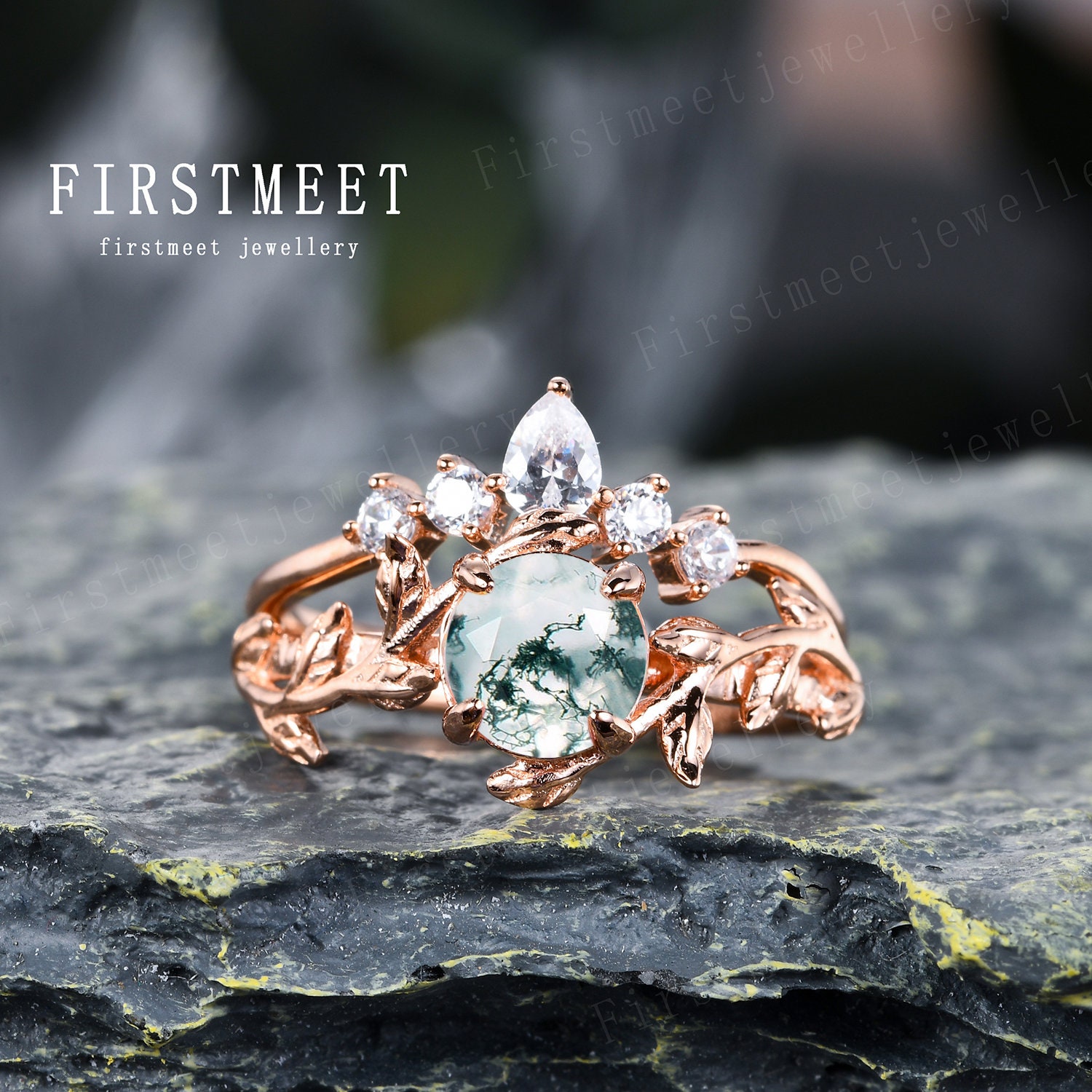 Grüne Moos Achat Ringe Set Vintage Verlobungsringe Für Frauen Unikat Ast Ranke Blatt Braut Eheringe Roségold Diamant Versprechen von Firstmeetjewellery