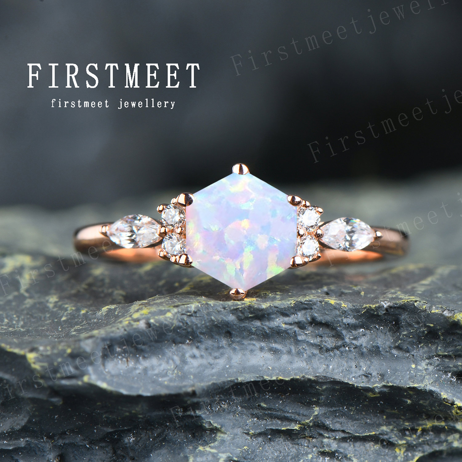 Hexagon Schliff Opal Ring Vintage Verlobungsring Diamant Ehering 18K Roségold Braut Versprechen Jahrestag Schmuck von Firstmeetjewellery