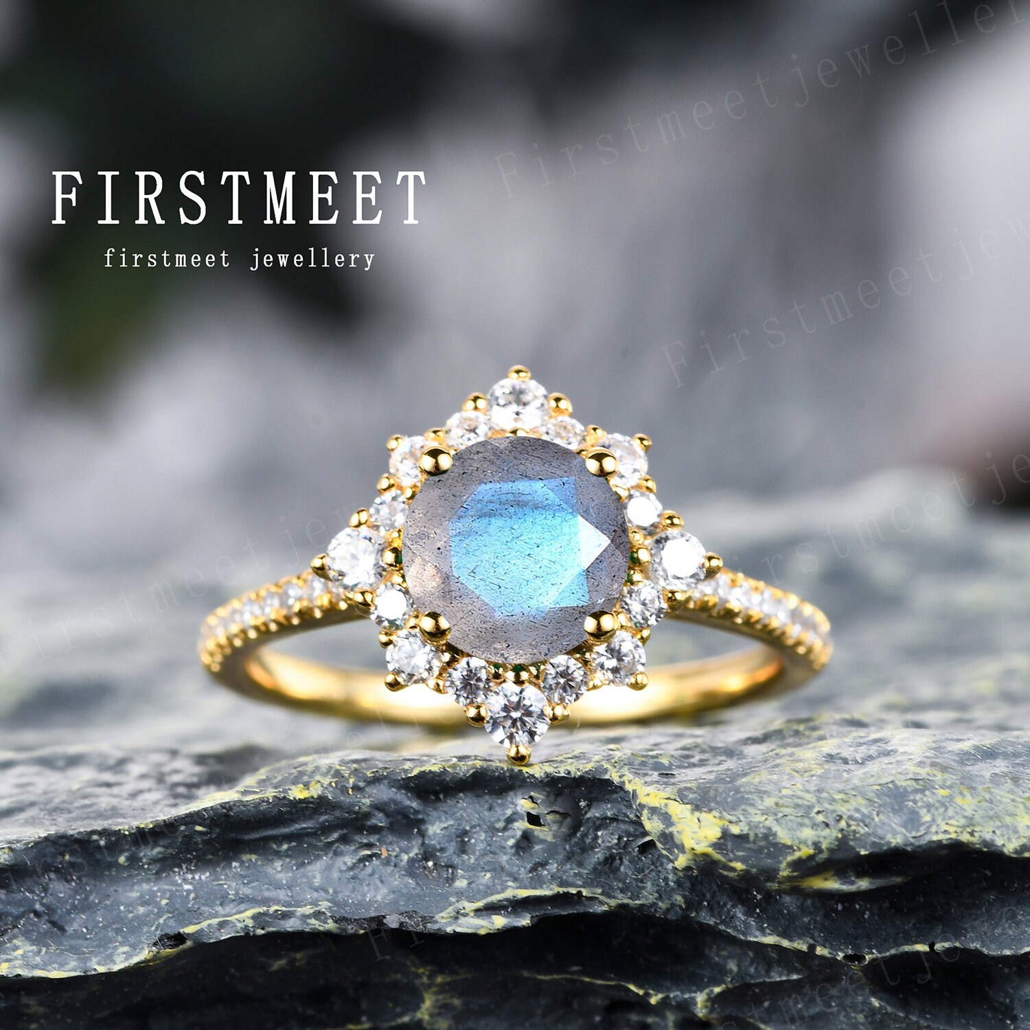 Labradorit Blumen Ring Vintage Verlobungsring 18K Gelbgold Diamant Ehering Versprechen Jahrestag Geschenk Schmuck von Firstmeetjewellery