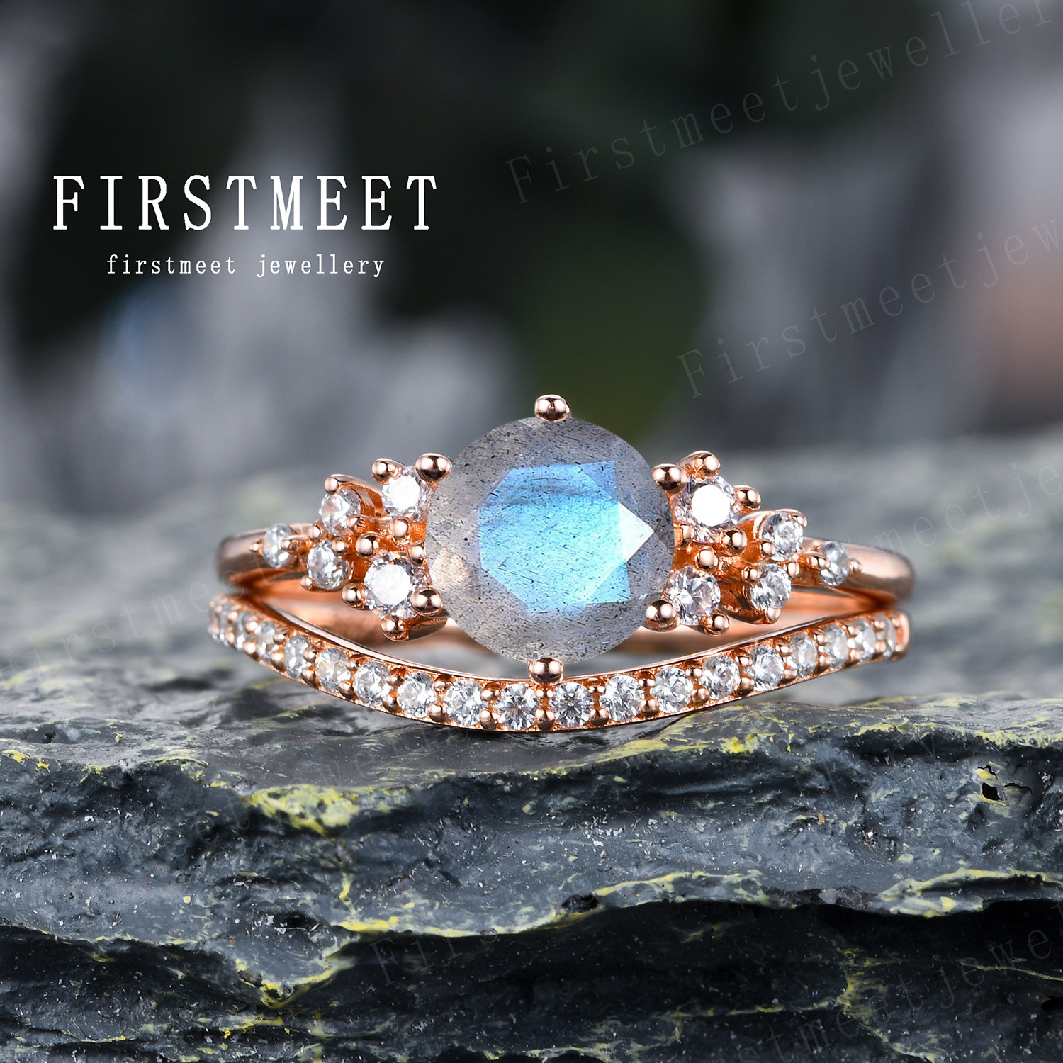 Labradorit Ehering Set Vintage Verlobungsring Roségold Diamant Ring Moissanit Braut Set von Firstmeetjewellery