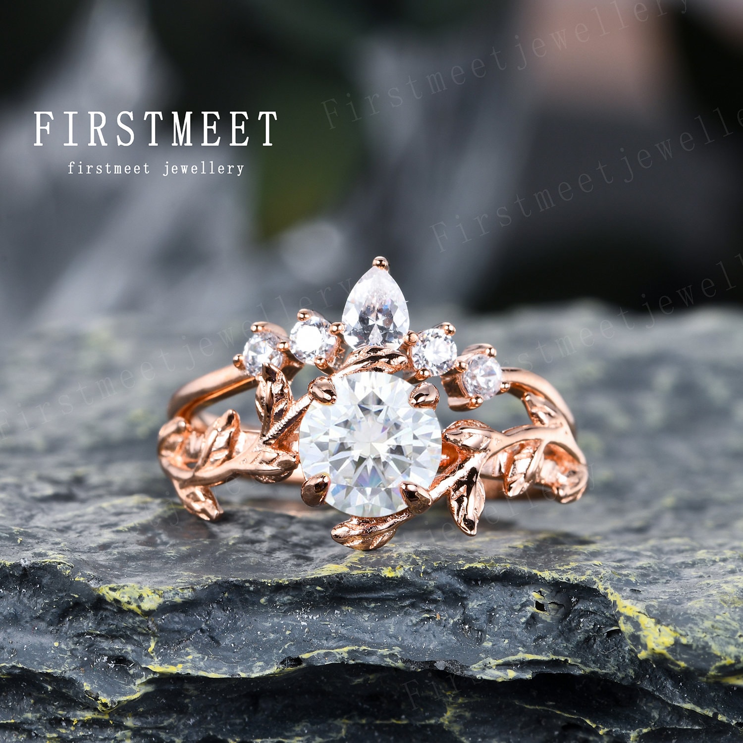 Moissanit Braut Set/Vintage Verlobungsring Set/Antik Blatt Diamant Ehering Set/Roségold Versprechen Ring Set von Firstmeetjewellery